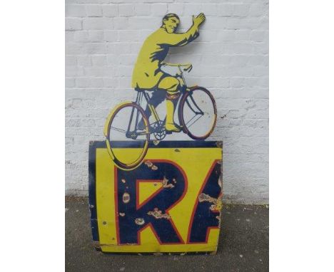 A large Raleigh pictorial diecast enamel sign, missing remaining worded section, with some restorations, 36 x 72".