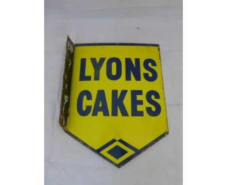 A Lyons Cakes double sided enamel sign with hanging flange in excellent condition, 12 x 16".