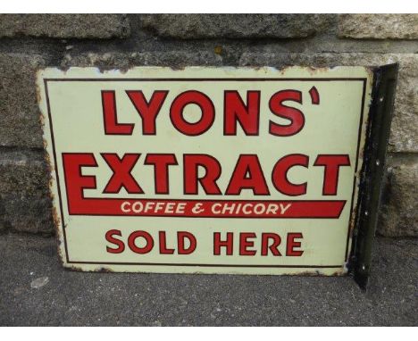 A Lyons' Extract 'Coffee & Chicory' Sold Here double sided enamel sign with re-attached new hanging flange, 17 3/4 x 12".