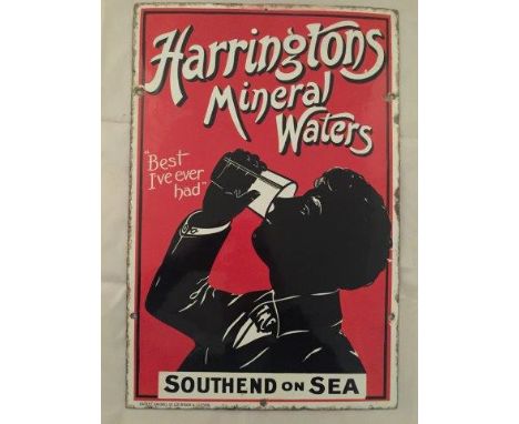 A rare Harringtons Mineral Waters pictorial enamel sign depicting a boy drinking 'Best I've ever had', Southend on Sea, by Pa