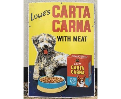 An unusual Lowe's Carta Carna 'with meat' pictorial enamel sign depicting a dog with his meal, by Burnham of London, 17 x 24"