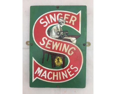 Yesterday's World Haberdashery - a Singer Sewing Machines part pictorial enamel sign of small size, with restorations, mounte