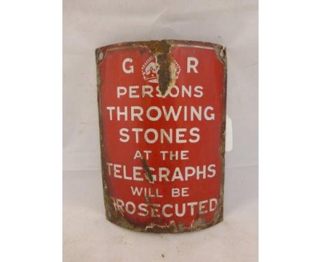 A red and white enamel convex telegraph pole enamel sign, 5 1/2 x 7 3/4".