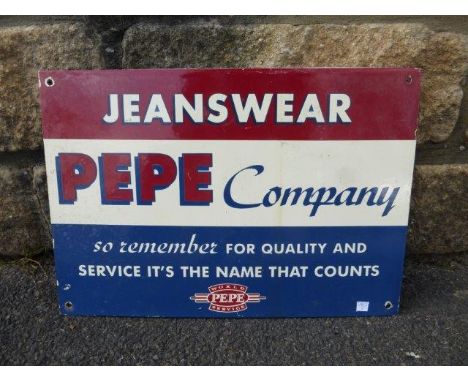 A small Pepe Company Jeanswear rectangular enamel sign, 16 1/4 x 11 1/4".