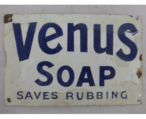 A small Venus Soap rectangular enamel sign with amateur re-touching all around the edges, 9 1/4 x 6".
