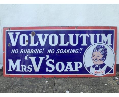 A Volvolutum Mrs 'V' Soap part pictorial rectangular enamel sign 'No Rubbing! No Soaking!!', in good condition, 48 x 21".