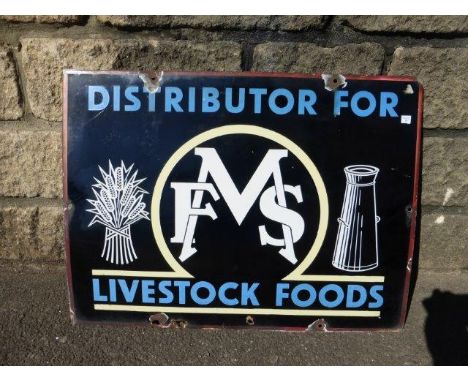 An unusual F.M.S livestock foods part pictorial enamel sign, 24 x 18".