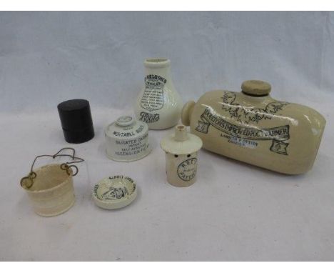 A Doultons Improved foot warmer stoneware hot water bottle, a Clarke's pyramid night light dish and various other pottery ite