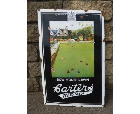 A Carters Tested Seeds pictorial enamel sign depicting a bowling green, 18 3/4 x 29".