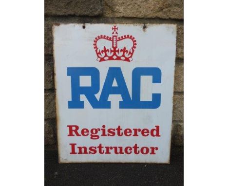An RAC Registered Instructor double sided enamel sign with 'Qualified' sticker to one side, 20 3/4 x 24 3/4".