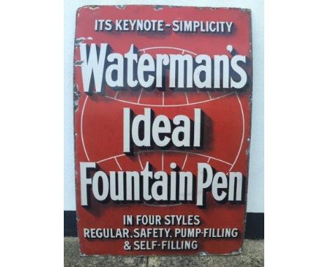 A Waterman's Ideal Fountain Pen rectangular enamel sign - 'Its Keynote Simplicity', 20 x 30".