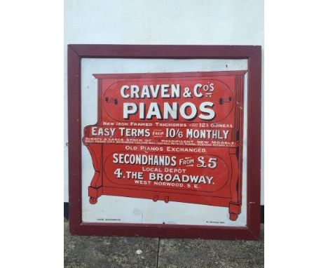 A Craven & Co's Pianos pictorial enamel sign by Chromo of Wolverhampton, also stamped W.H. Smith & Son London, framed, with s