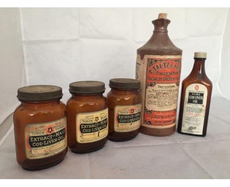A large salt glazed stoneware bottle with original label - E. Tautz & Sons' Cleaning Fluid for Scarlet Hunting Coats, three T