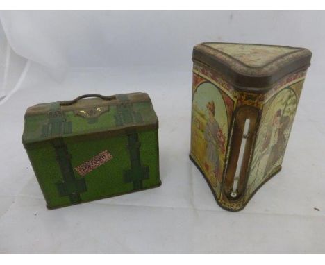 A rare Macfarlane, Lang & Co's triangular biscuit tin unusually with thermometer to the front, the three decorative sides dep