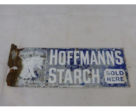 A Hoffmann's Starch part pictorial narrow double sided enamel sign with hanging flange, the image depicting a cat licking his