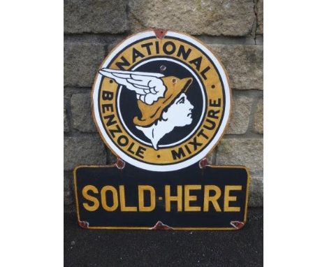 A decorative painting on board depicting a National Benzole enamel sign, 23 1/2 x 26 1/4".