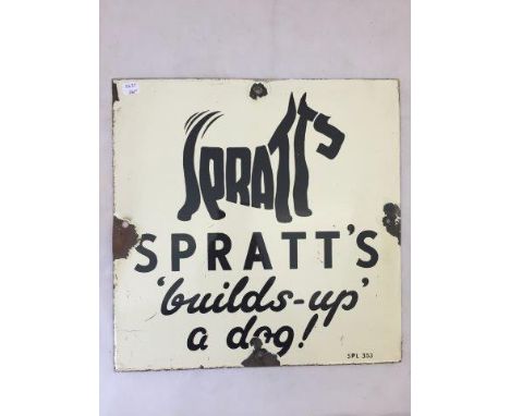 A Spratt's part pictorial enamel sign - 'builds-up a dog!', 12 x 12".