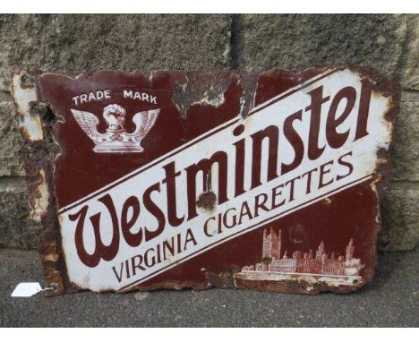 A Westminster Virginia Cigarettes part pictorial double sided enamel sign with flattened hanging flange, 22 x 15".