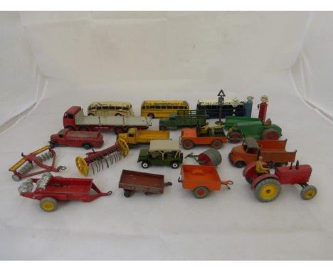 A quantity of playworn Dinky Toys, mostly commercials and buses, including an Ausin Mini Moke, a 2nd cab Foden chain lorry et