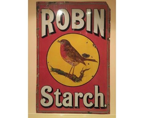 A rare large Robin Starch pictorial enamel sign with central pictorial robin image, 48 x 72".