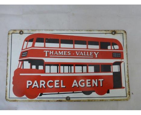 A rare Thames Valley Parcel Agent double sided pictorial hanging enamel sign with design depicting a red and black double dec