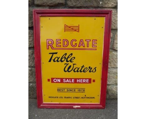 A Redgate Table Waters 'on sale here' rectangular enamel sign in painted wooden frame, in near mint condition, 22 x 30 1/2".