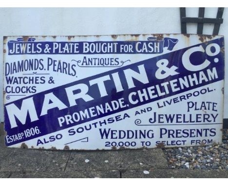 A large and early 'Martin & Co, Promenade, Cheltenham' rectangular enamel sign by Patent Enamel - 'Jewels & Plate bought for 