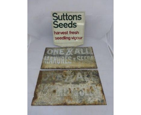 A Suttons Seeds double sided aluminium sign, 10 1/4 x 11" and two early double sided 'One & All Manures & Seeds' enamel sign,