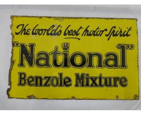 A National Benzole Mixture 'The World's Best Motor Spirit' rectangular double sided enamel sign, lacking hanging flange, 23 1