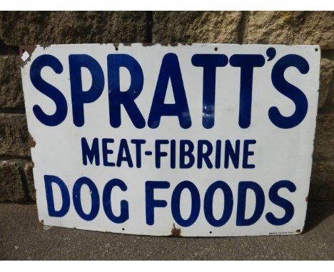 A Spratt's Meat - Fibrine Dog Foods rectangular enamel sign by Bruton of Palmers Green, 30 x 20".