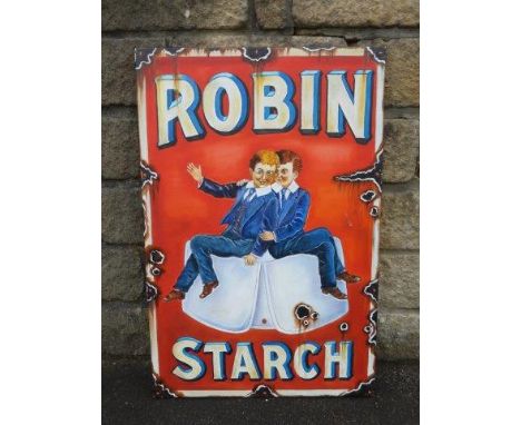 A decorative painting on canvas depicting a Robin Starch enamel sign, 20 x 30".
