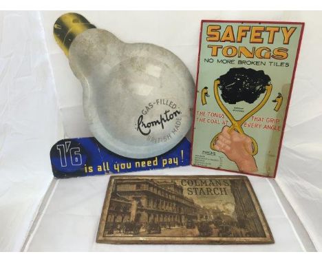 A pictorial showcard advertising 'Safety Tongi', 11 1/2 x 19 3/4", a Crompton light bulb showcard, 21 x 21" and a wooden disp