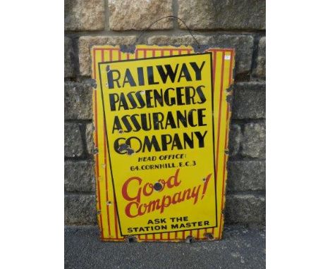 A Railway Passengers Assurance Company enamel advertising sign, 20 x 30 1/4".