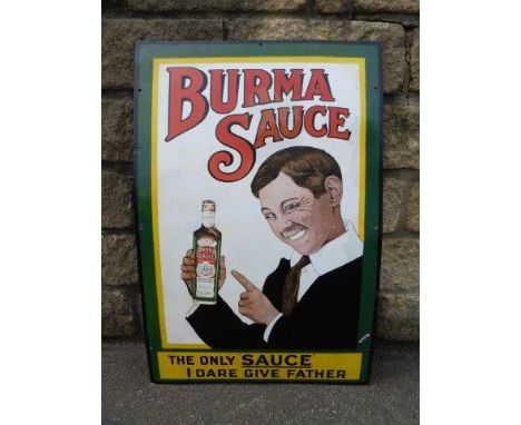 A Burma Sauce enamel advertising sign with areas of restoration and re-touching, 20 x 30".