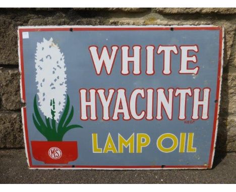 A rarely seen White Hyacinth Lamp Oil pictorial enamel sign, 24 x 18".