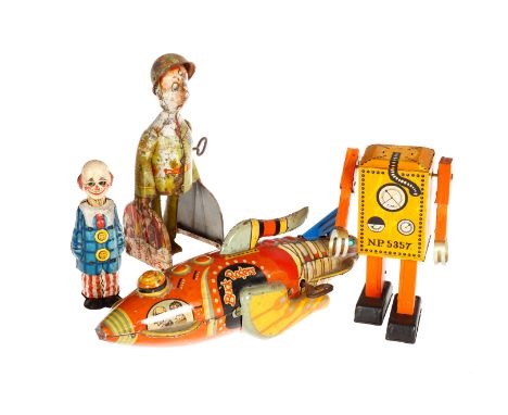 Konv. 4 Blechspielzeuge, USA, MARX Rakete ”Buck Roggers”, Clown, Roboter und ”G.I. JOE and the K-9 PUPS”, starke RS und Alter