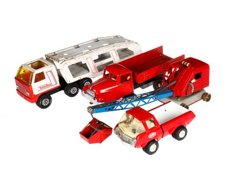 Konv. GAMA Bagger, TONKA LKW und Lieferwagen sowie 1 weiterer Lieferwagen, tw besch. und NV, LS/RS, L 21-50, Z 4