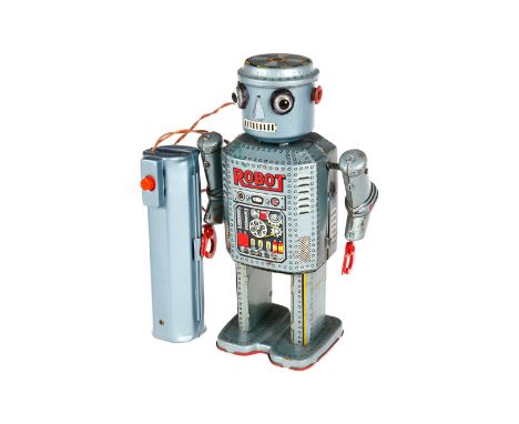 TM Roboter R-35, Japan, Blech, batteriebetrieben, mit Fernbedienung, Alterungs- und Gebrauchsspuren, H 20, Z 3