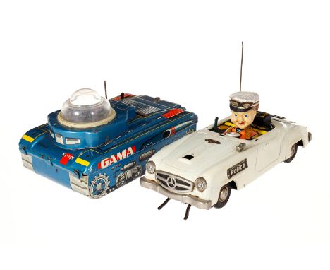 GAMA Weltraumpanzer 9940 und Polizeiauto, batteriebetrieben, tw LS/RS, tw NV, L 19 und 22, Z 3 und Z 4