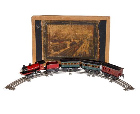 MÄRKLIN Zugpackung, Spur 0, mit B-Dampflok R 12970, rot/schwarz, elektr., Tender, 2 Personenwagen 1872 und Gepäckwagen 1873. 