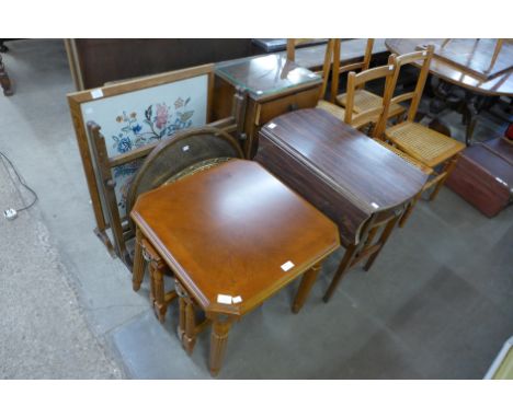 A walnut nest of tables, a fire screen, small simulated rosewood drop-leaf table, etc. (6) 