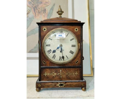 A Georgian bracket clock in caddy top walnut case with ornate pineapple finial, ornate ring handles, ebony and brass inlay, o