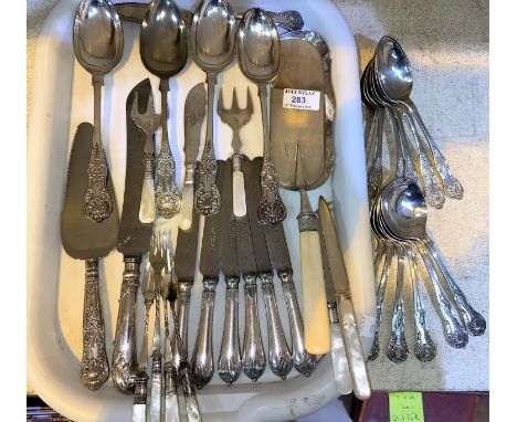 A selection of EPNS King's Pattern cutlery, items with mother of pearl handles, a crumb scoop etc, a cake slice with silver c