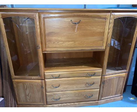 A vintage Jentique sideboard with display cupboards, drop front cocktail section length 160cm x depth 43cm 