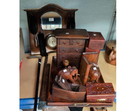 A 1930's stained wood barometer/brush rack; a walking stick; a miniature chest of drawers; etc. 