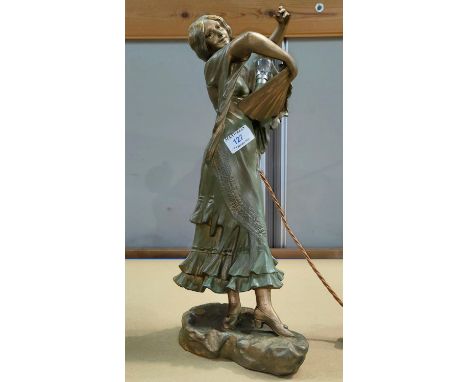 A French Spelter lamp in the form of a woman with fan in green and gilt (signed to base) 