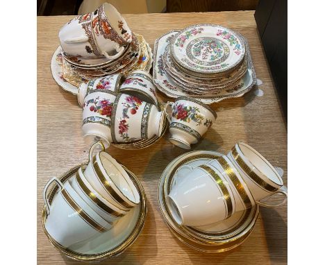 A gilt and white tea set with Greek key decoration, various other tea services; a Midwinter dinner service etc 