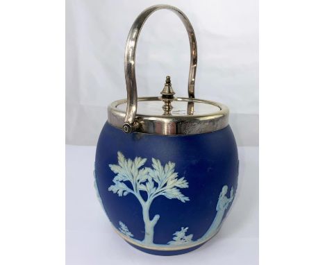 A Wedgewood Jasperware biscuit barrel with EPNS mounts, 15cm (to finial) 