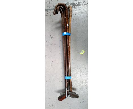 A selection of vintage golf clubs and walking sticks 