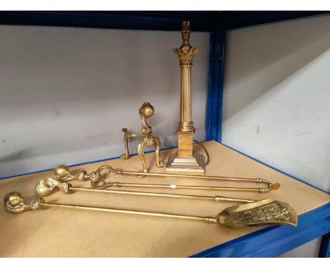 A set of 3 Victorian style brass fire irons; a fire dog and a Corinthian column table lamp 